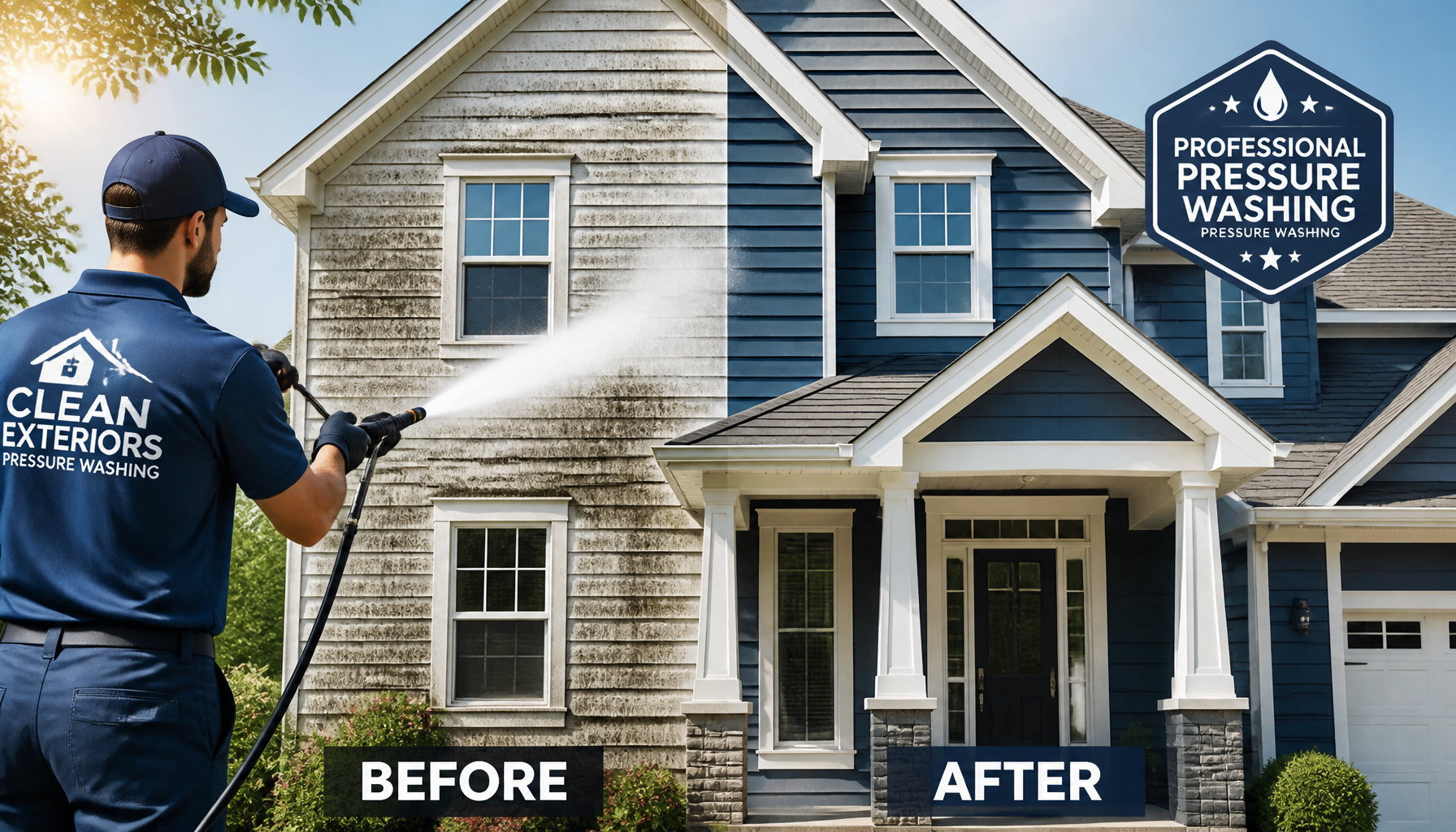 Professional pressure washing a house exterior